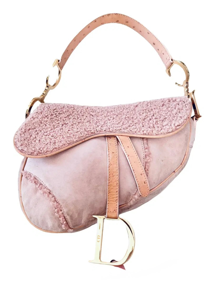 Dior Ostrich & Shearling Fur Saddle Bag