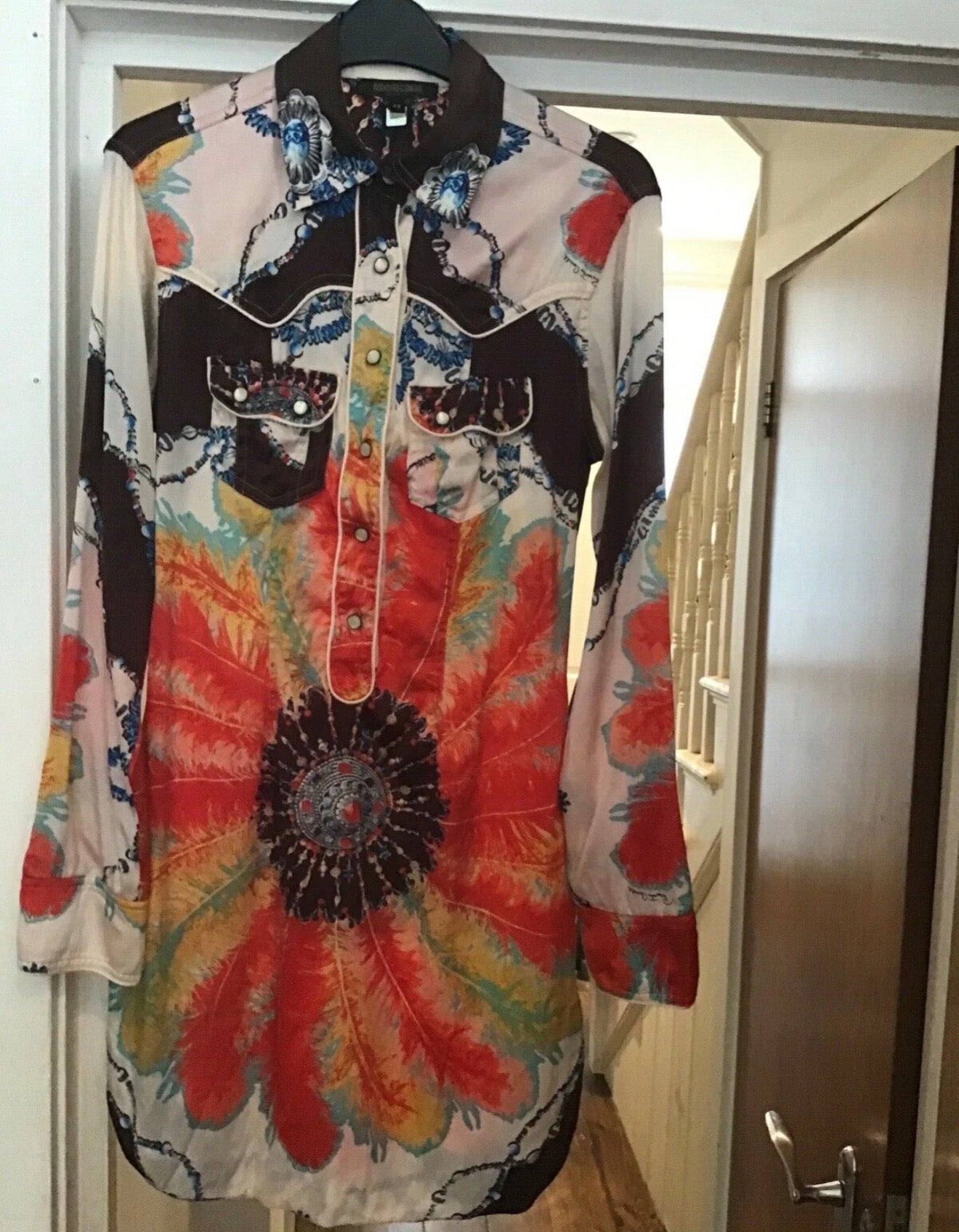 Roberto Cavalli Feather Print Satin Shirt Dress - XS