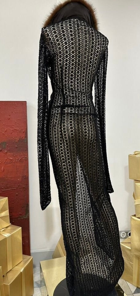 Dolce & Gabbana S/S 1997 Sable Fur Collar Sheer Knit Black Cardigan Coat Dress- S