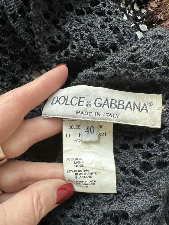 Dolce & Gabbana S/S 1997 Sable Fur Collar Sheer Knit Black Cardigan Coat Dress- S