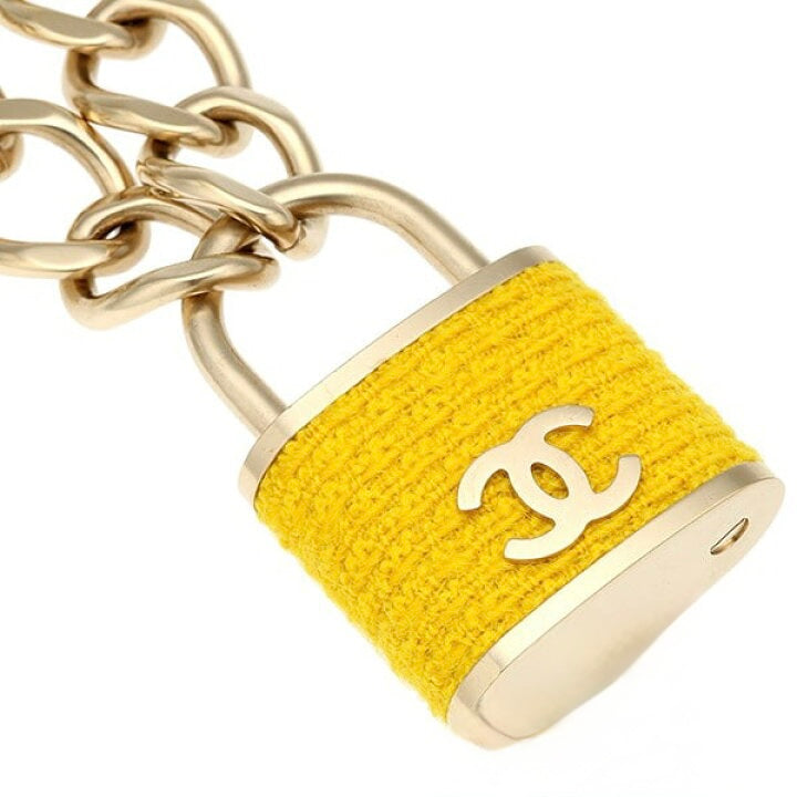 Chanel 2014 Runway Yellow Tweed Padlock Necklace