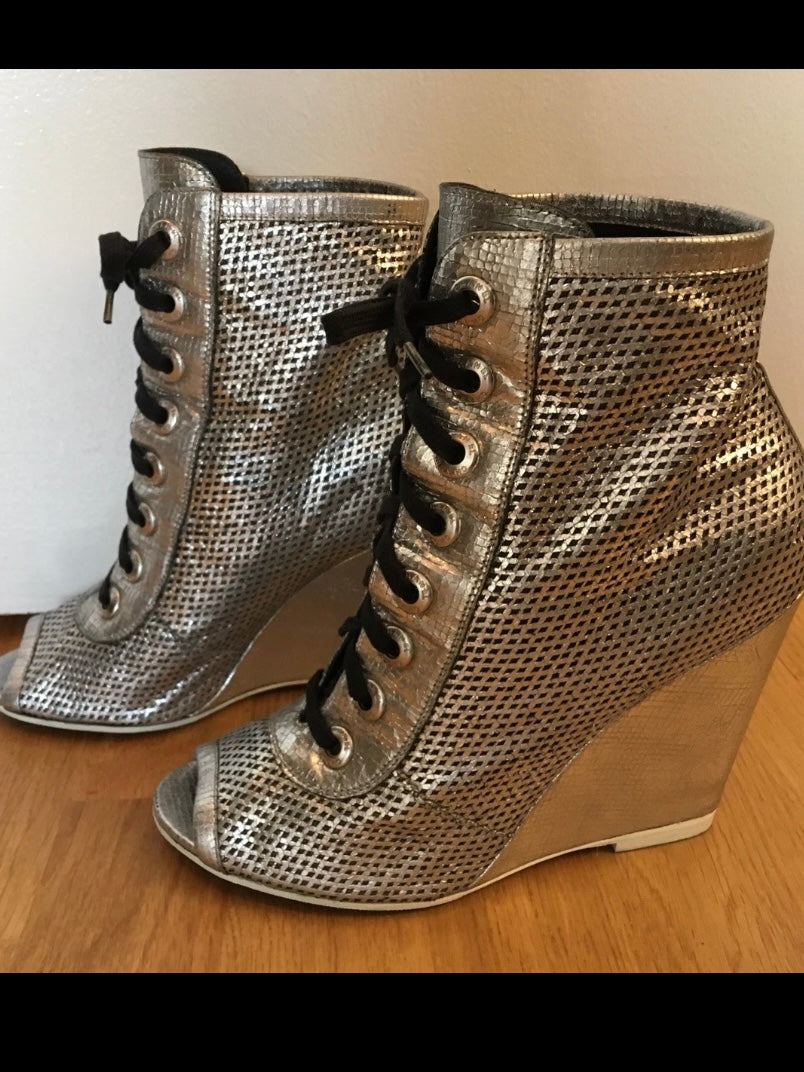 Chanel Silver Wedge Boots - 39.5