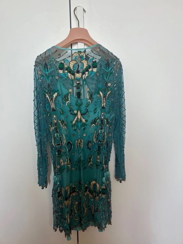 Roberto Cavalli 2005 Embellished Sheer Mesh Embroidered Mini Dress in Teal - M