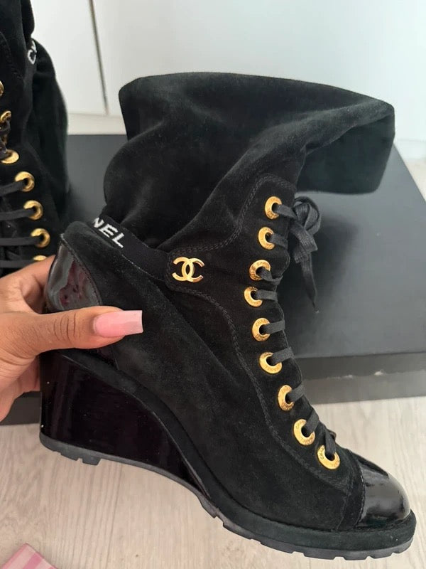 Chanel 2016 Suede Wedge Lace Up Boots - 39,40.5 + 41