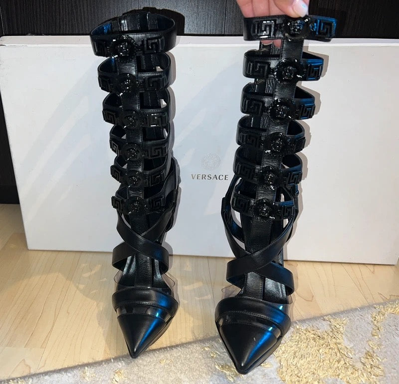 Versace T-Strap Below the Knee Gladiator Heels - 37