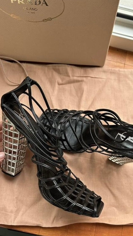 YSL Cage Heels Black with Silver Heel - 41