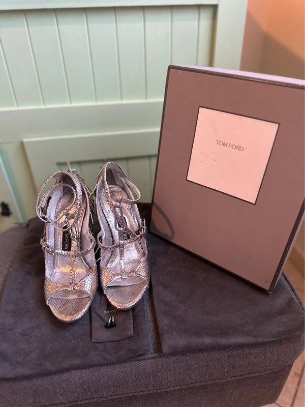 Tom Ford Spiked Silver Metallic Wedges - 39