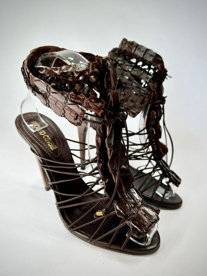 Roberto Cavalli Crocodile Lace Gladiator Heels - 40/40.5