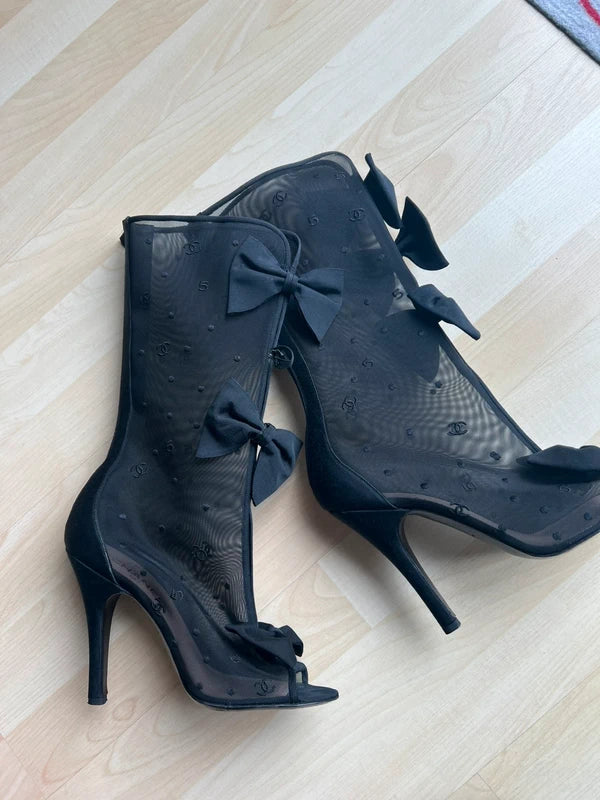 Chanel 2009 Rare Black Bow Mesh Boots - 39.5