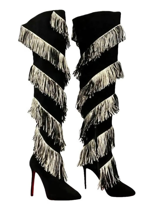 Christian Louboutin Bolcheva 120 Black Gold Fringe Thigh High Boots - 37.5