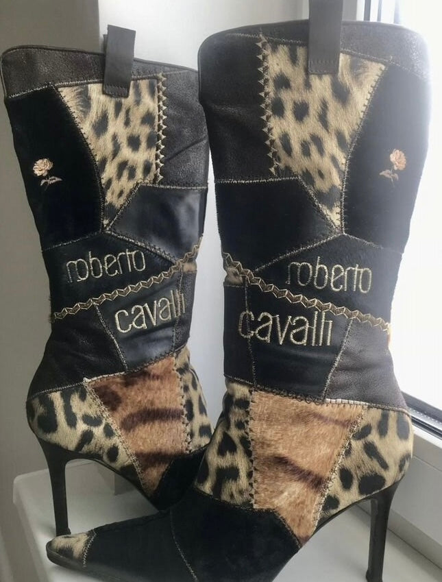 Roberto Cavalli Leopard Print Patchwork Boots - 40