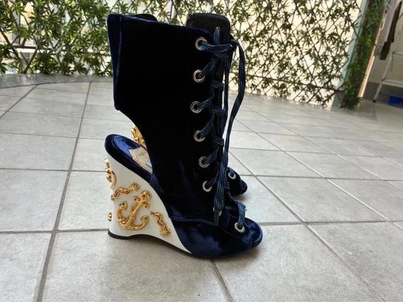 Prada Sailor Velvet Wedge Boots - 36