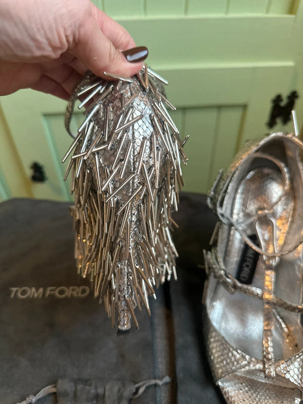 Tom Ford Spiked Silver Metallic Wedges - 39