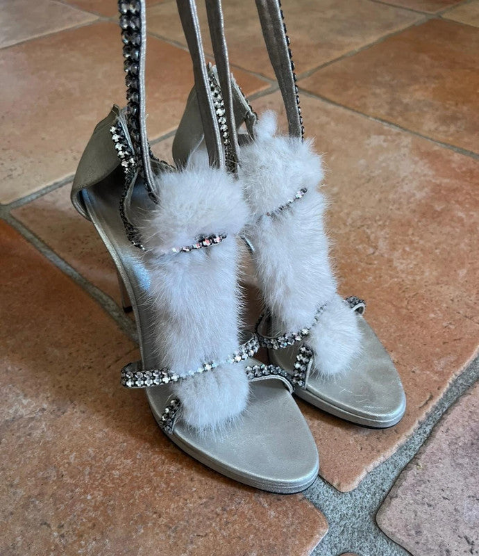Gucci by Tom Ford Silver Snake White Mink Leather Crystal Platform Shoes - 39.5