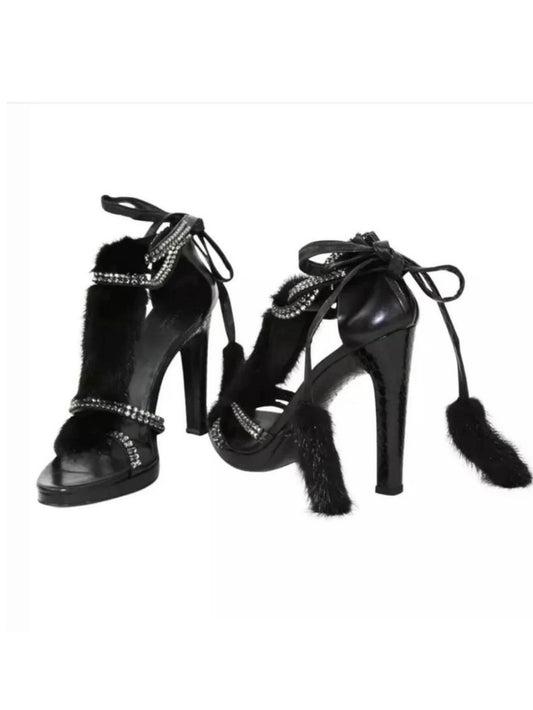 Gucci by Tom Ford Black Snake Black Mink Leather Crystal Platform Shoes - 36/37