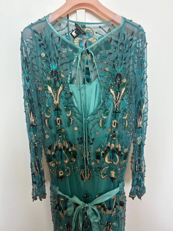 Roberto Cavalli 2005 Embellished Sheer Mesh Embroidered Mini Dress in Teal - M