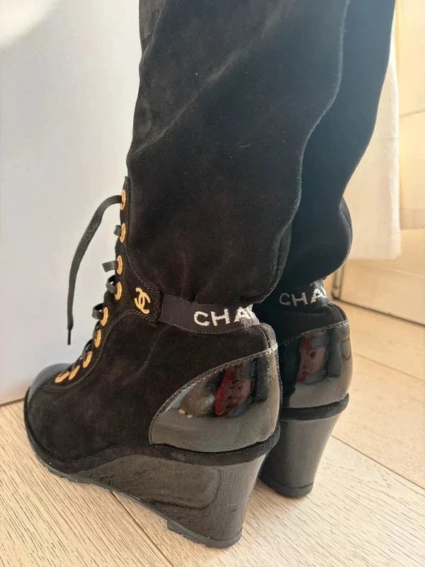 Chanel 2016 Suede Wedge Lace Up Boots - 39,40.5 + 41