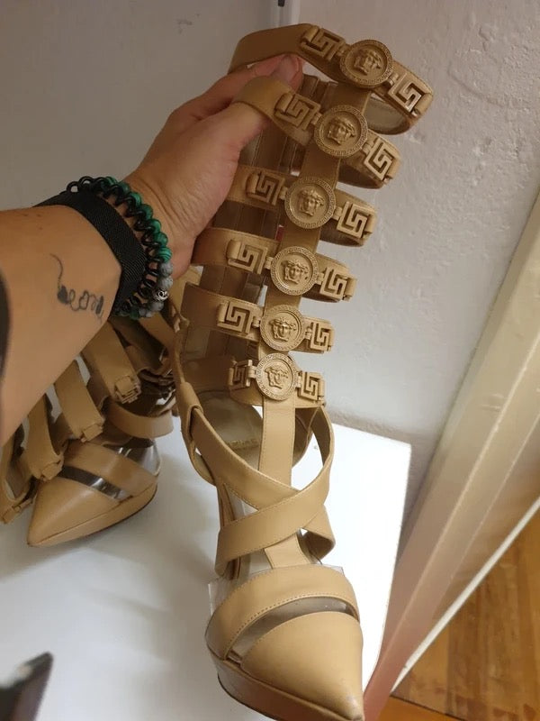 Versace T-Strap Below the Knee Gladiator Heels - 37.5 + 40