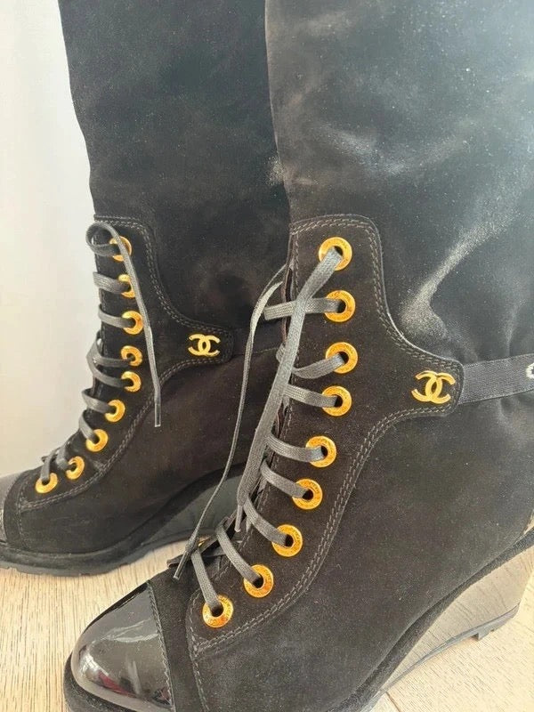 Chanel 2016 Suede Wedge Lace Up Boots - 39,40.5 + 41