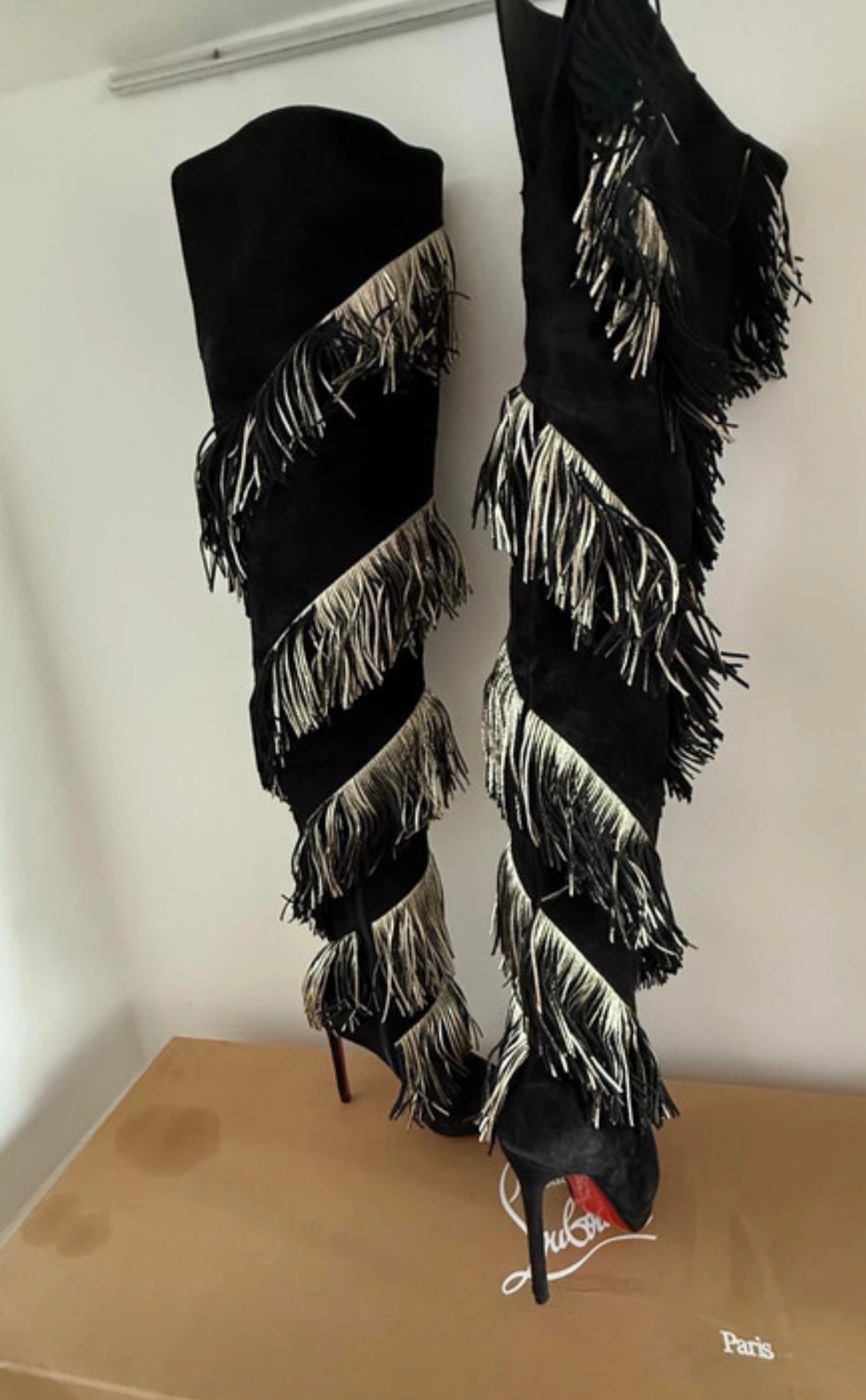 Christian Louboutin Bolcheva 120 Black Gold Fringe Thigh High Boots - 37.5