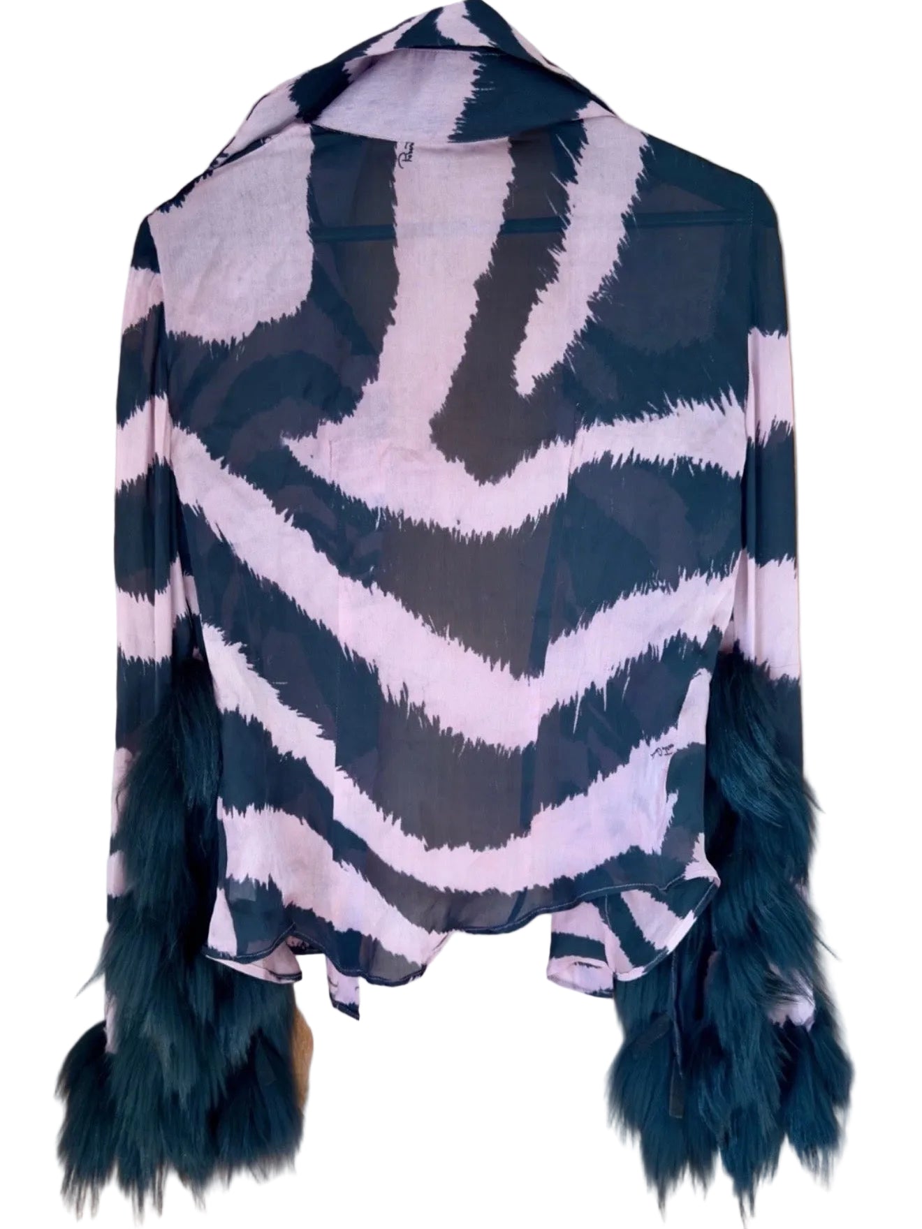 Roberto Cavalli Tiger Blouse with Fox Fur Sleeves- S
