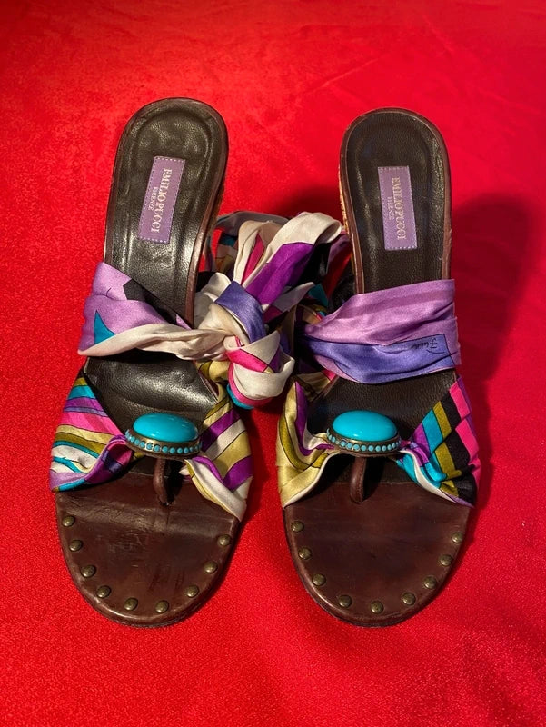 Emilio Pucci Tie Up Lace Wedge Heels - 38