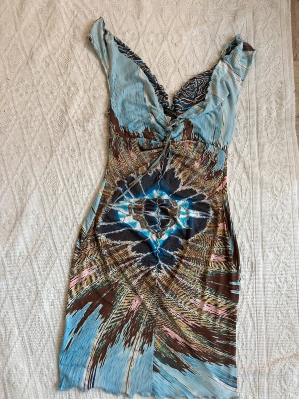 Roberto Cavalli P/E 2004 Blue Feather Print Midi Dress - S