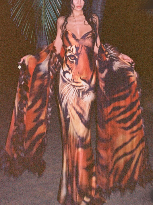 Roberto Cavalli 2000 Fox Fur Tiger Print Shawl