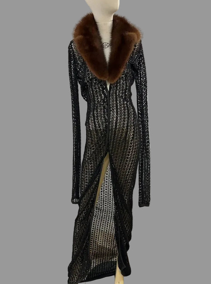 Dolce & Gabbana S/S 1997 Sable Fur Collar Sheer Knit Black Cardigan Coat Dress- S