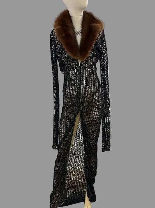 Dolce & Gabbana S/S 1997 Sable Fur Collar Sheer Knit Black Cardigan Coat Dress- S
