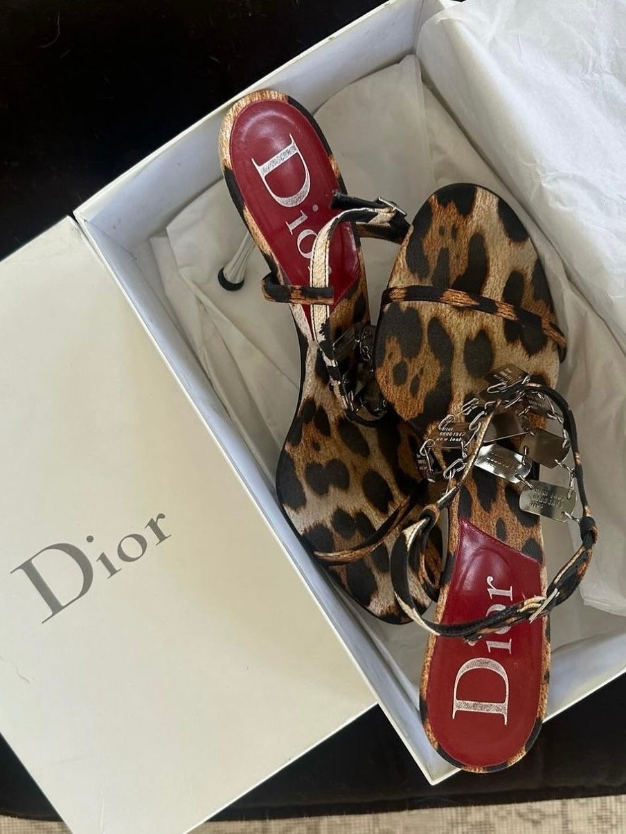 Dior Galliano Leopard Print Dog Tag Heels - 38