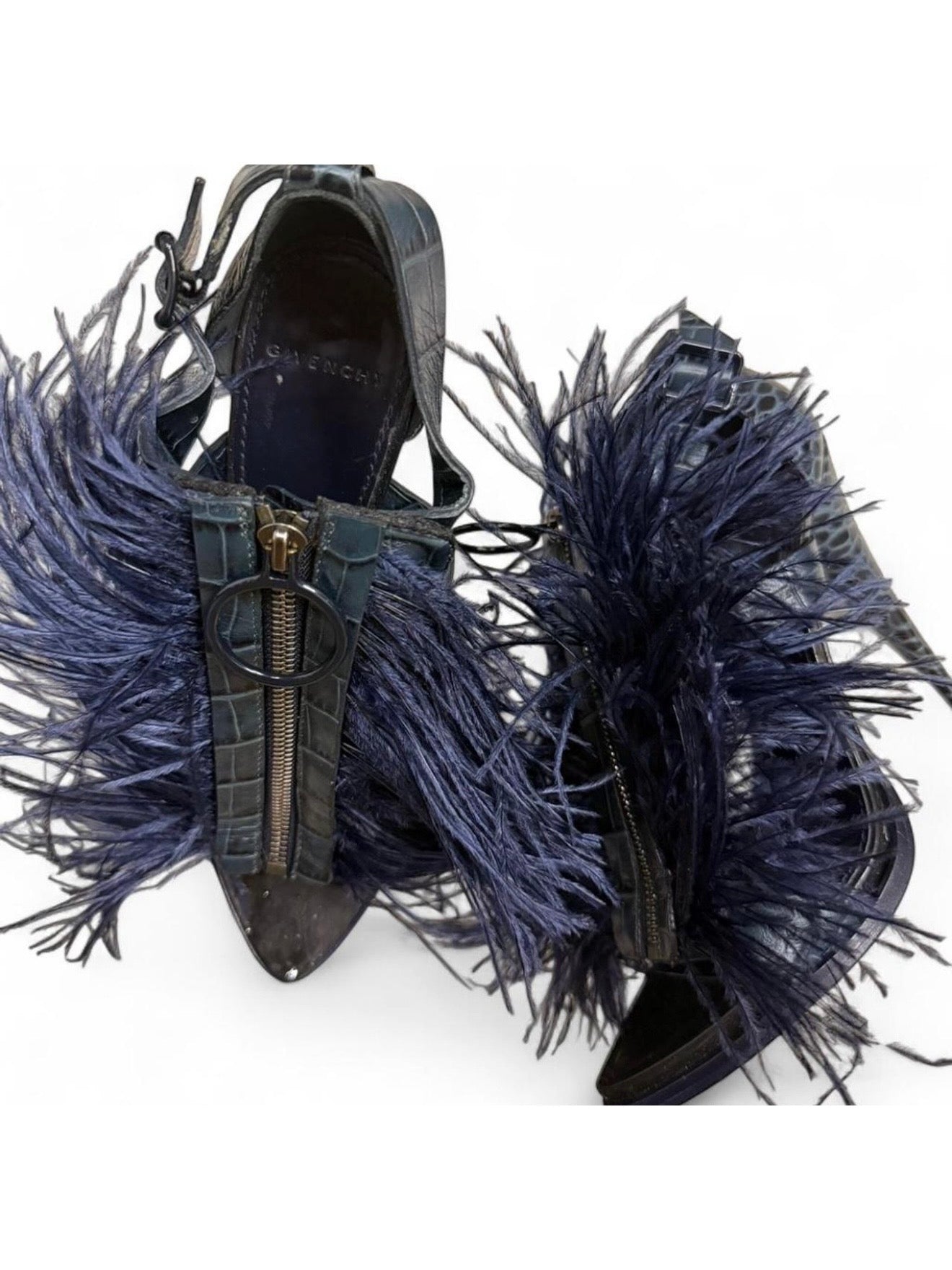 Givenchy by Riccardo Tisci Ostrich Feather Zip Heels with Croc Detailing Brand New - 40.5