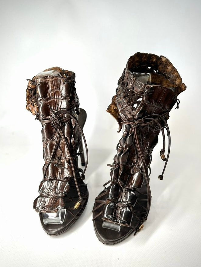 Roberto Cavalli Crocodile Lace Gladiator Heels - 40/40.5