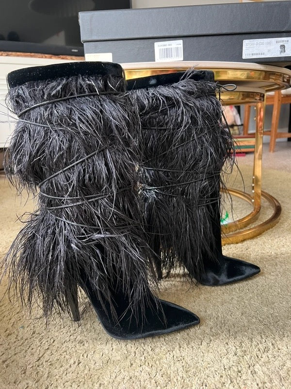 Saint Laurent Yeti Ostrich Feather Ankle Boot Brand New - 39