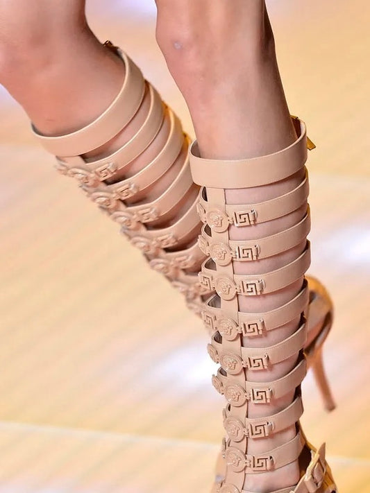 Versace T-Strap Below the Knee Gladiator Heels - 37.5 + 40