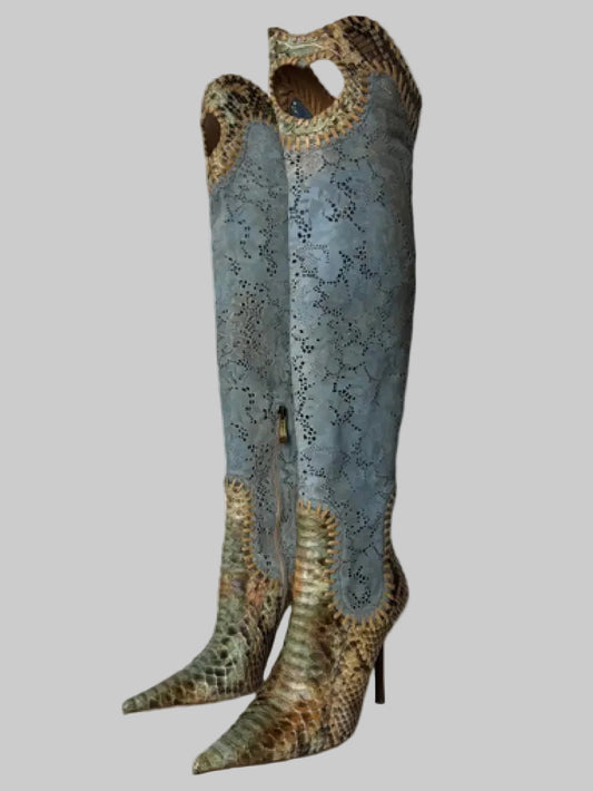 Gianmarco Lorenzi Lazer Heart Cut Out Python Boots - 36.5