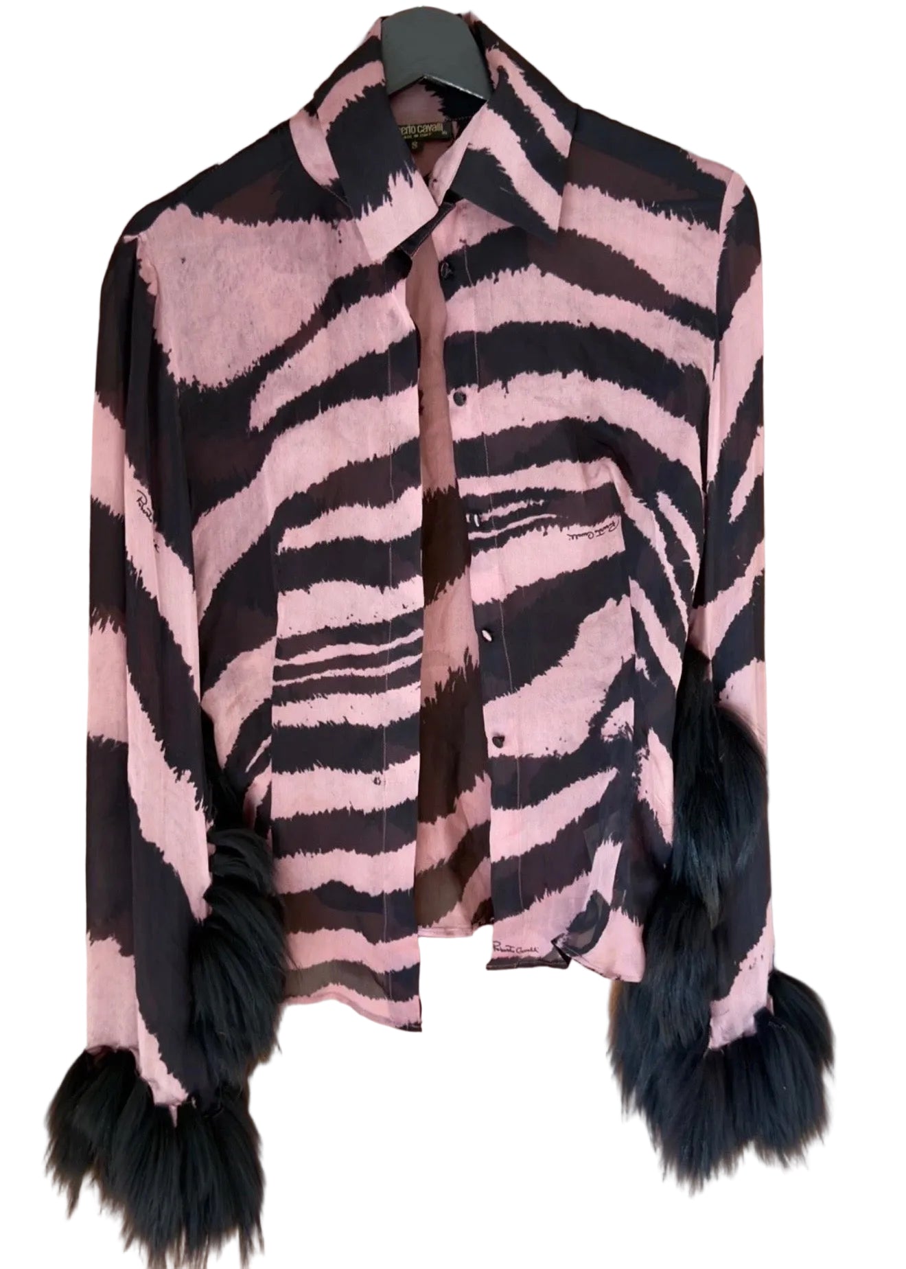 Roberto Cavalli Tiger Blouse with Fox Fur Sleeves- S
