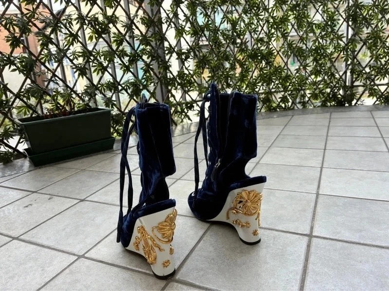 Prada Sailor Velvet Wedge Boots - 36
