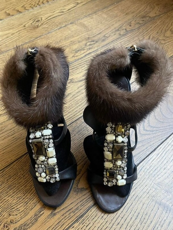Giuseppe Zanotti Beaded Heels with Fur Anklet trim - 38.5