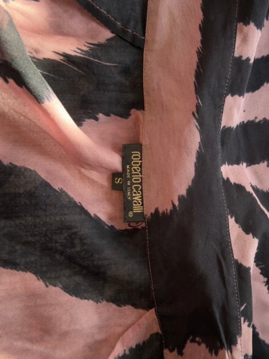 Roberto Cavalli Tiger Blouse with Fox Fur Sleeves- S