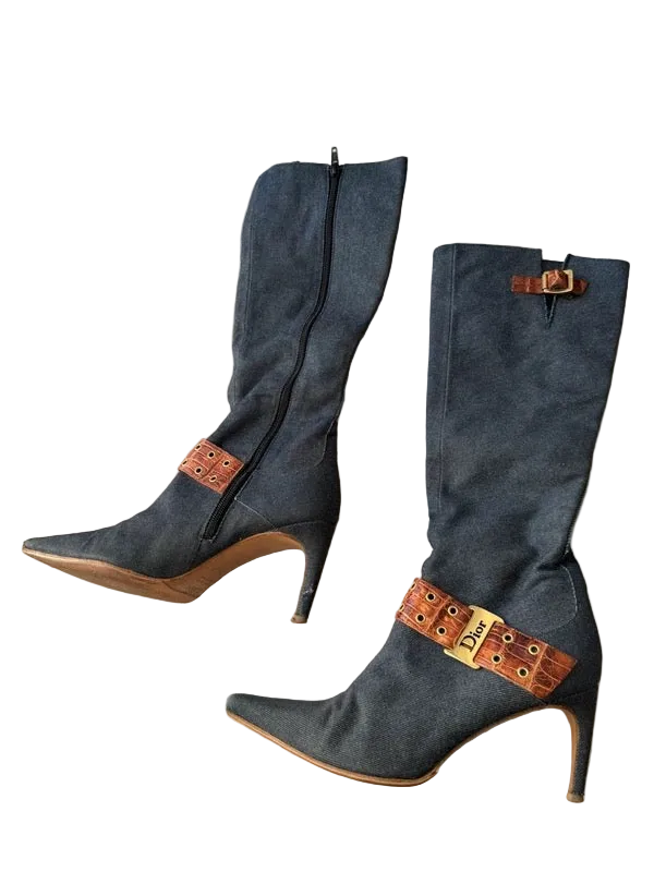 Dior Galliano Croc Detail Denim Boots - 38/38.5