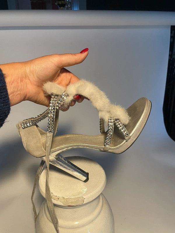 Gucci by Tom Ford Silver Snake White Mink Leather Crystal Platform Shoes - 38.5