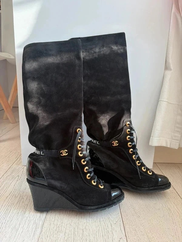 Chanel 2016 Suede Wedge Lace Up Boots - 39,40.5 + 41