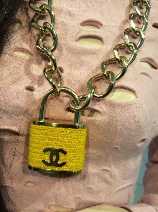 Chanel 2014 Runway Yellow Tweed Padlock Necklace
