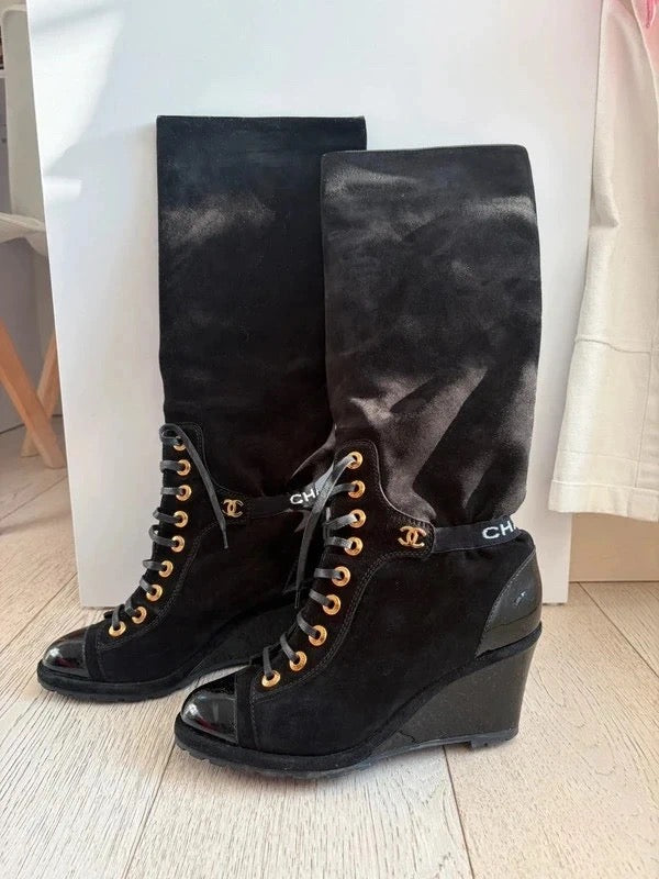 Chanel 2016 Suede Wedge Lace Up Boots - 39,40.5 + 41