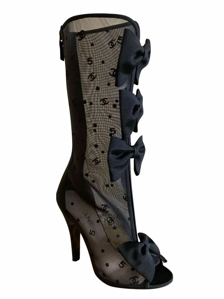 Chanel 2009 Rare Black Bow Mesh Boots - 39.5