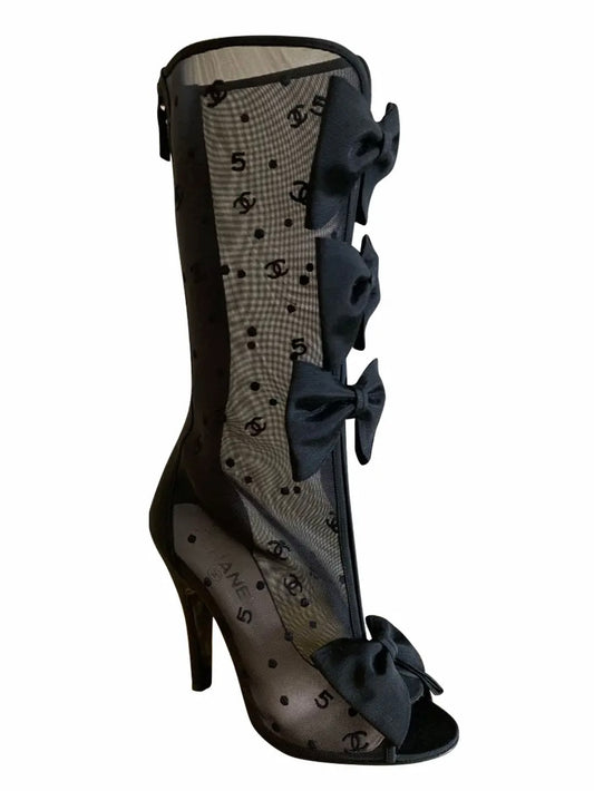 Chanel 2009 Rare Black Bow Mesh Boots - 37.5