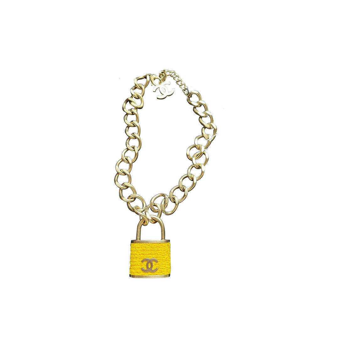 Chanel 2014 Runway Yellow Tweed Padlock Necklace