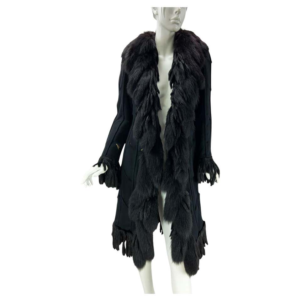 Versace 2003 Fox Embellished Cut Out Details Black Angora Coat - S/M