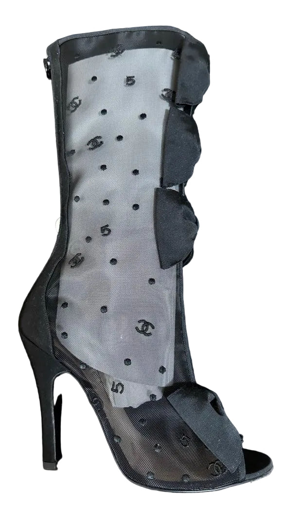 Chanel 2009 Rare Black Bow Mesh Boots - 37 + 38